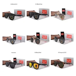Nine pairs of sunglasses on small stands, arranged in a grid with a frame and lens code printed under each one