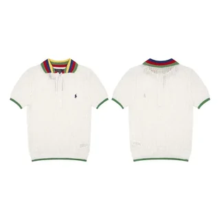 Two white short-sleeve knitted tops with striped ribbed collars and green trim, shown front and back