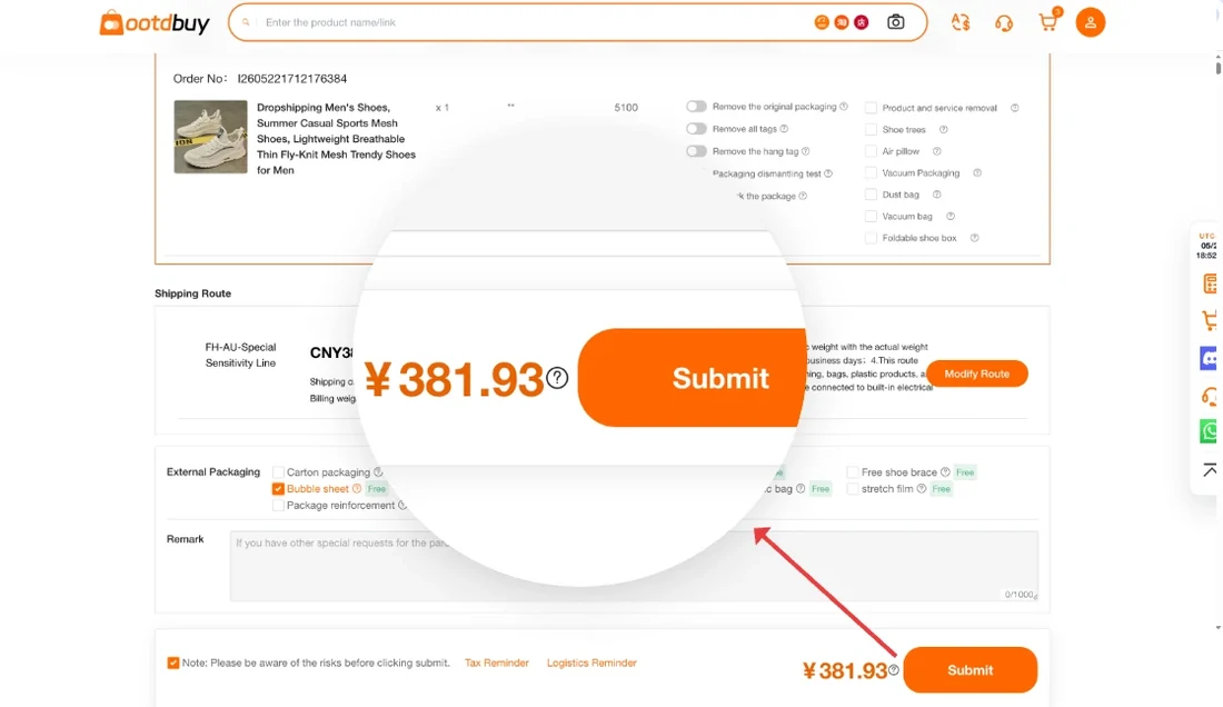 The OOTDBUY order screen with the domestic shipping line and the submit control magnified, showing a CNY total